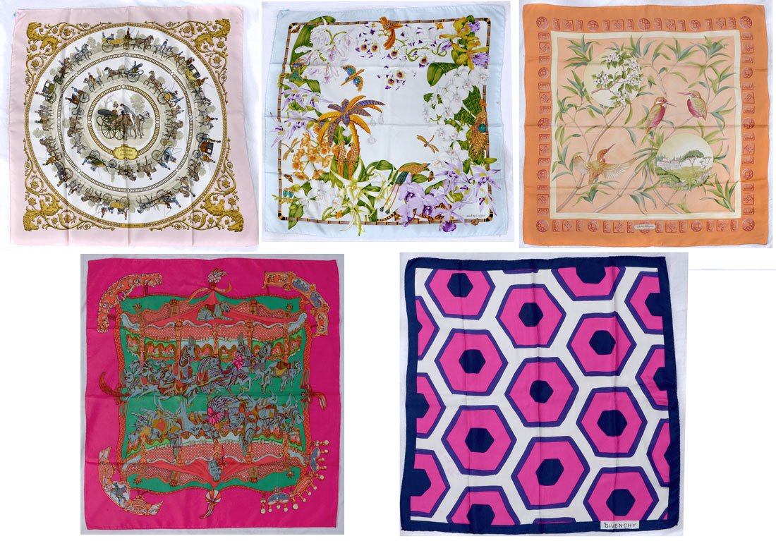 5 VINTAGE DESIGNER SCARVES INCLUDING HERMES & CARTIER: 5 VINTAGE DESIGNER SCARVES INCLUDING HERMES & CARTIER: 1) Hermes Tournez Manege By Annie Faivre Bright Pink Silk Scarf; 2) Hermes La Promenade de Longchamps Scarf horse theme on eggshell with pink bor