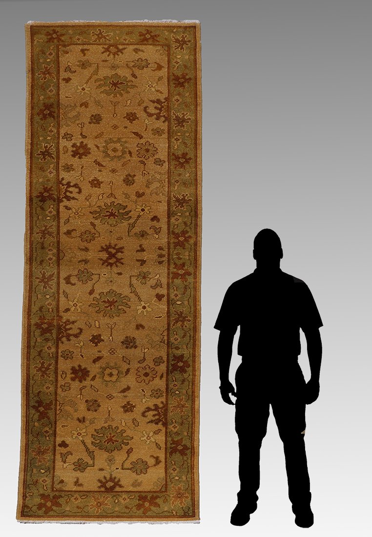 PAKI-TURKISH OUSHAK HK WOOL RUNNER, 3'2" X 10'2": APPROX 20-40 YR OLD PAK-TURKISH OUSHAK HAND KNOTTED WOOL RUNNER, 3'2" X 10'2": This runner has the look of a pastel antique Oushak. The ivory field has pale green, rust, and ivory colored motifs scatt
