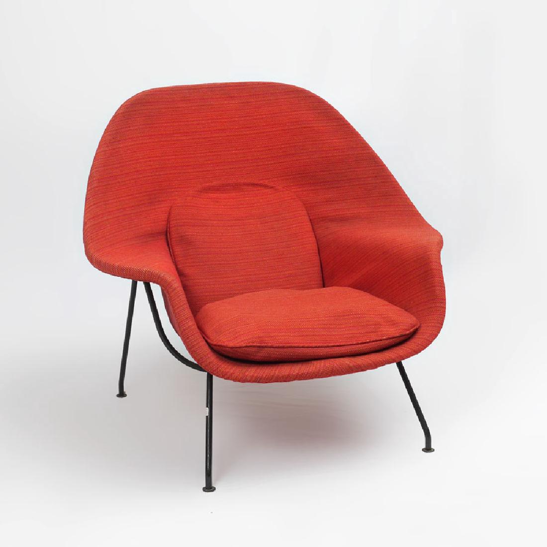 EERO SAARINEN FOR KNOLL WOMB CHAIR: EERO SAARINEN FOR KNOLL WOMB CHAIR: Original red / orange cloth fabric, black metal legs and frame, original Knoll label under seat. 35 1/2 h. x 38 1/2" x 33 1/2".