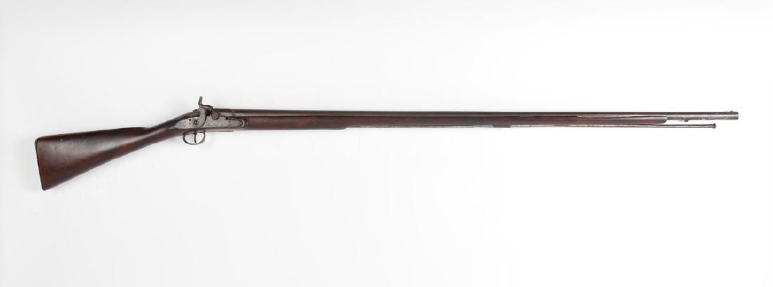 ENGLISH PERCUSSION FULL STOCK RIFLE: ENGLISH PERCUSSION FULL STOCK RIFLE: Circa mid 19th century, approx .69 caliber 44 1/2'' round smoothbore barrel with English proof marks, richly grained full stock, brass furniture. Engraved percussi