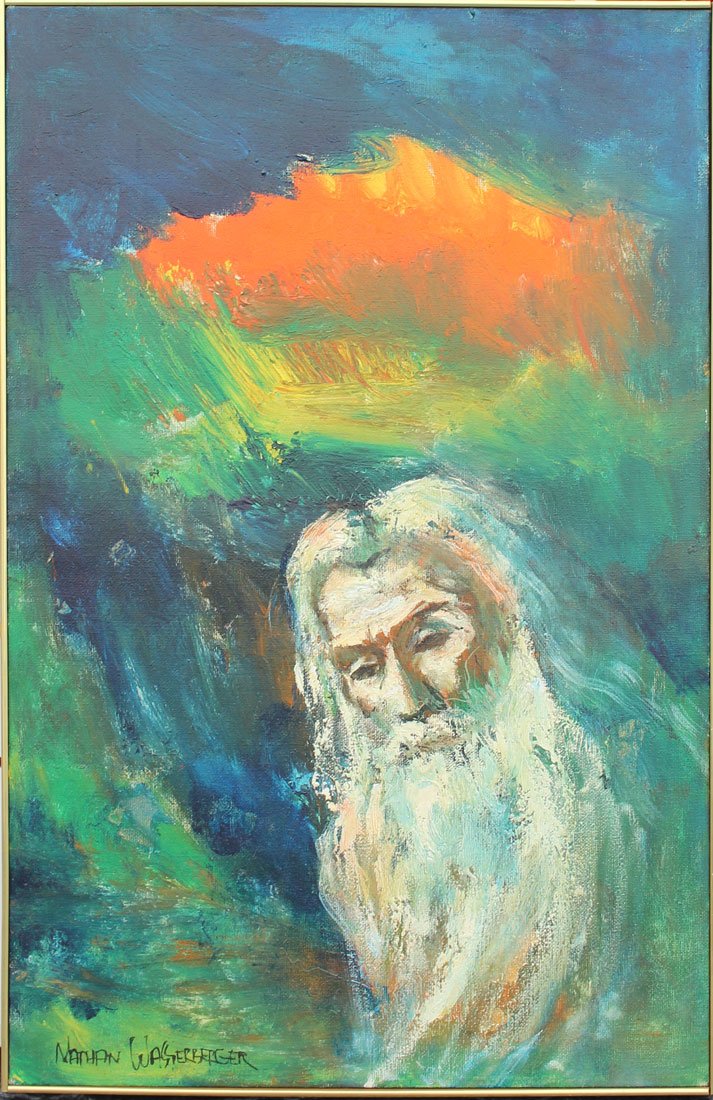 WASSERBERGER BEARDED MAN PAINTING: WASSERBERGER, Nathan, (American, 1928-2012): Bearded Man in a Landscape, Oil/Canvas, 45'' x 30'', signed lower left, thin edge frame, 46'' x 31''.