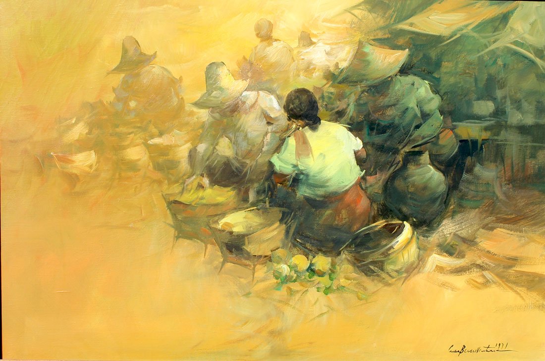 CESAR BUENAVENTURA FILIPINO PAINTING: BUENAVENTURA y ESPINOSA, Cesar, (Filipino, 1919-1983): Market Scene, Oil/Canvas, 24" x 36", signed lower right and dated 1971, framed, 32" x 42".
