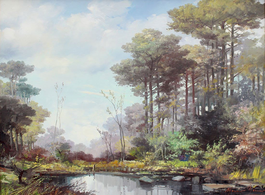 MARIANO MORENO POND IN WILDERNESS: MORENO, Mariano (Spanish, 1912-): "Pond in Wilderness", Oil/Canvas, 24" x 32", signed lower right, framed, 30.5" x 38.5".