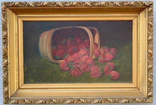 19 CENTURY AMERICAN SCHOOL STRAWBERRIES PAINTING: 19TH CENTURY AMERICAN SCHOOL STILL LIFE OF STRAWBERRIES IN BASKET: In the style of Levi Wells Prentice, O/B, 9 1/2'' x 16 3/4'', no visible signature, encased in a period gilded gesso molding with som