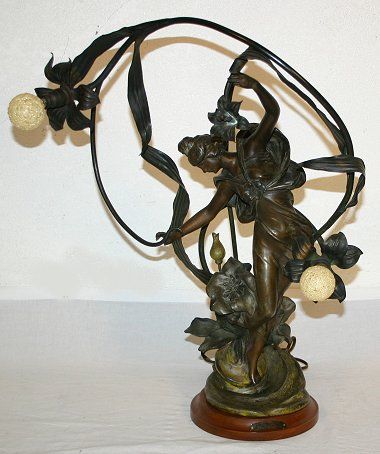 J CAUSSE NOUVEAU FIGURAL LAMP: PERIOD ART NOUVEAU FIGURAL 2 LIGHT LAMP SIGNED J. CAUSSE, "LUCIOLE": Spelter, 23 1/2" h., signed, faux marble base.