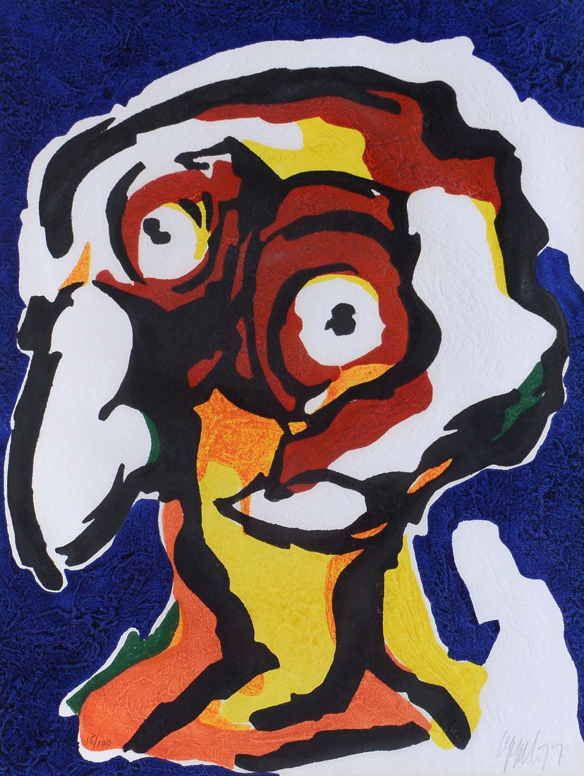 KAREL APPEL WOODCUT ABSTRACT COMPOSITION: APPEL, Karel Christiaan, (Dutch, 1921-2006): ''Abstract Composition Woodcut and Carborundum'', sight size is 25'' x 19'', signed lower right and dated '77, numbered 15 of 100 lower left, framed 32'' x
