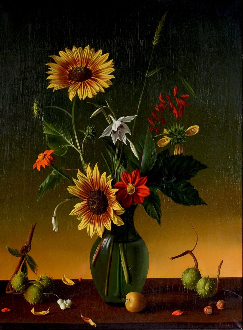 RENARD FLORAL STILL LIFE PAINTING: RENARD, Fernand, (French, 1912-1990): Surreal Floral Still Life of Flowers in a Pot in a Desolate Landscape, Oil/Canvas, sight size is 29" x 21.50", signed lower right and verso, dated '67 and numbere