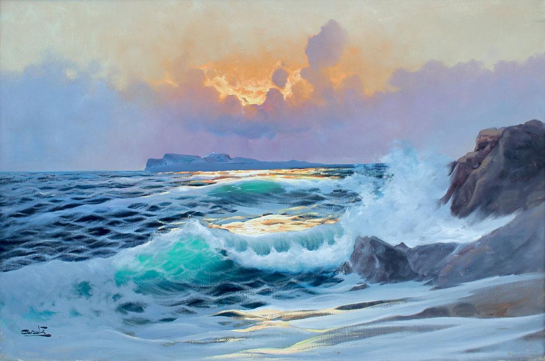 CARLO CASATI ITALIAN COASTAL PAINTING: CASATI, Carlo, (Italian, 1889-1965): Coastal Sunset with Surf, Oil/Canvas, 24" x 36", signed lower left, framed, 28" x 40".