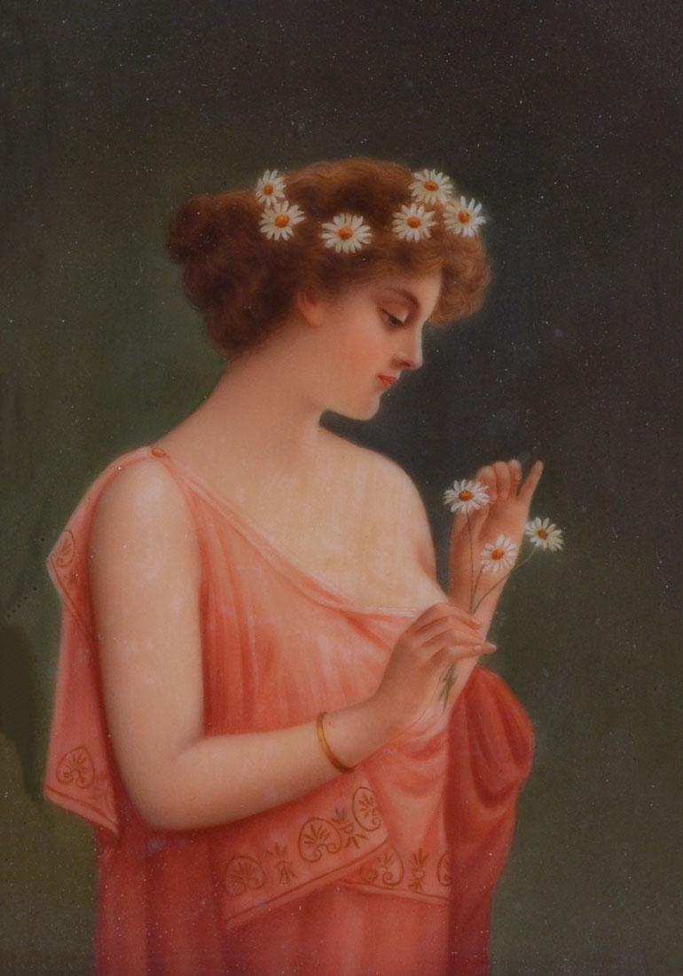 MINIATURE PAINTING ON PORCELAIN "MARGUERITE": GERMAN MINIATURE PAINTING ON PORCELAIN "MARGUERITE": Signed Wagner lower left, 7.25" x 5.25", marked Germany verso, titled, framed, 16.5" x 14.75".