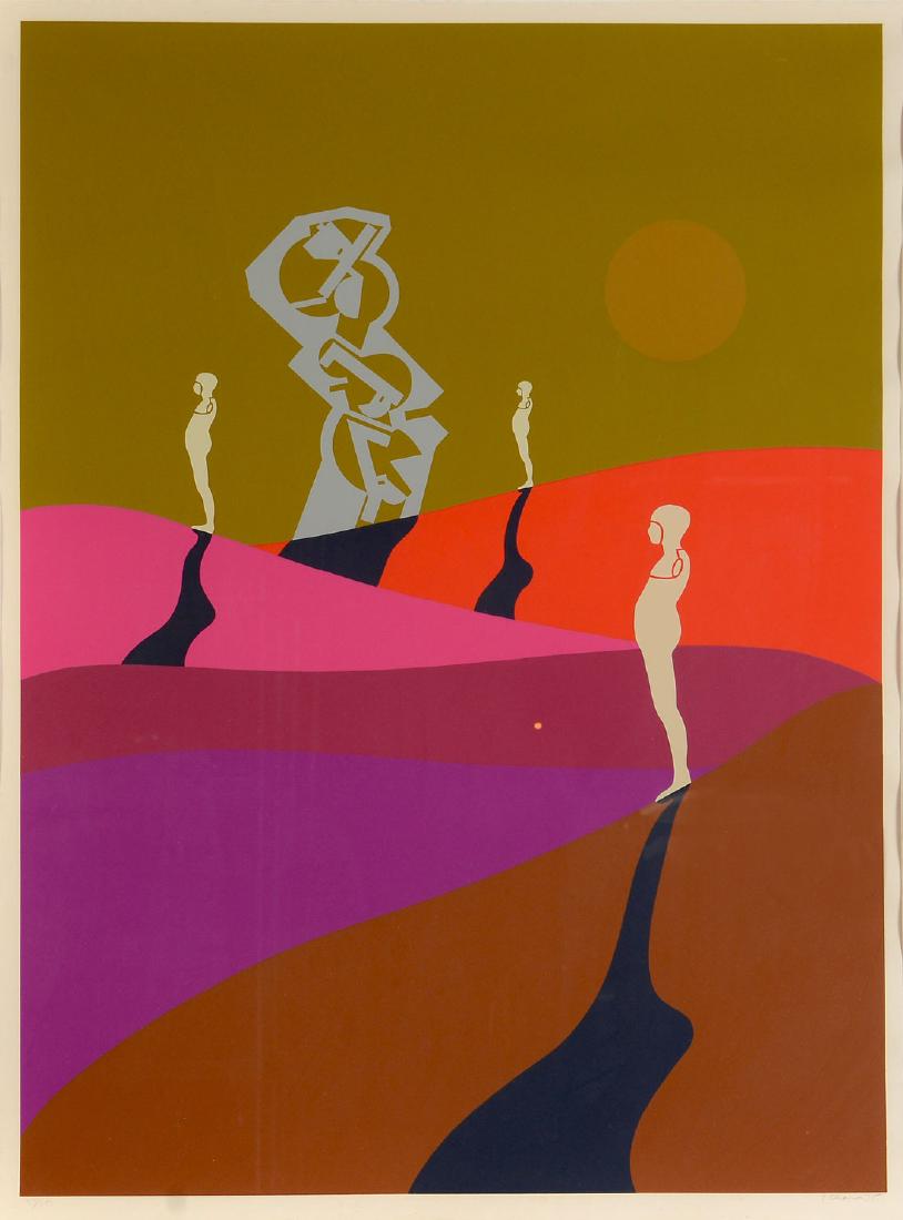 LARGE MODERNIST ERNEST TROVA SERIGRAPH: TROVA, Ernest, (American, 1927-2009): Figural Abstract, Serigraph, sight size 37'' x 27 1/2'', pencil signed lower right and dated '75, numbered 47 of 150 lower left, metal frame, 44 1/2'' x 34 1/2''.