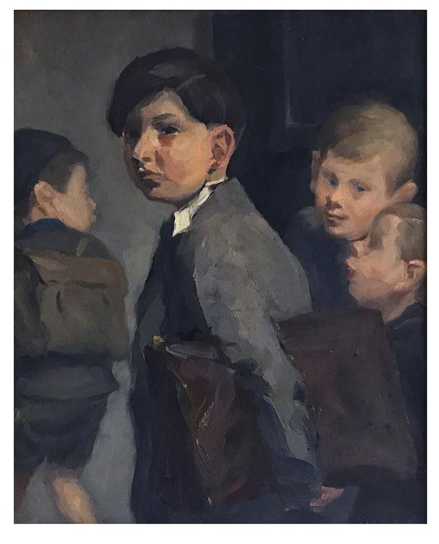 PIERRE VILLAIN PAINTING OF SEVERAL YOUNG SCHOOL BO: VILLAIN, Pierre, (French, 20th Century): ''Young School Boys'', Oil/Board, sight size is 16'' x 12'', signed lower right, carved frame is 20'' x 17''.