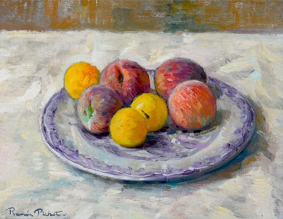 RAMON PICHOT ''PLATO CON FRUITAS PAINTING'': PICHOT, Ramon, (Spanish, 1924-1996): ''Plato Con Fruitas'', Oil/Canvas, sight size is 11'' x 13.75'', signed lower left, fine gilded framing is 17'' x 20'', titled and signed verso, also signed lower