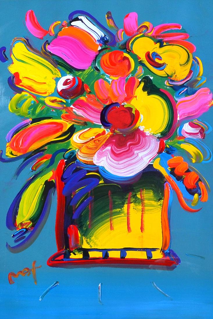 PETER MAX MIXED MEDIA "ABSTRACT FLOWERS": PETER MAX MIXED MEDIA "ABSTRACT FLOWERS": sight size is 35" x 23", signed lower left, custom frame and matting is 50" x 38".