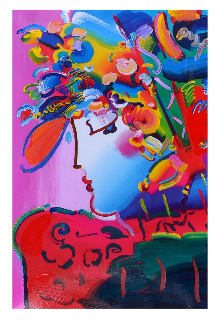 PETER MAX MIXED MEDIA ''BLUSHING BEAUTY II'': PETER MAX MIXED MEDIA ''BLUSHING BEAUTY II'': Mixed Media, sight size is 35'' x 23'', signed upper right, framed 48'' x 38''.