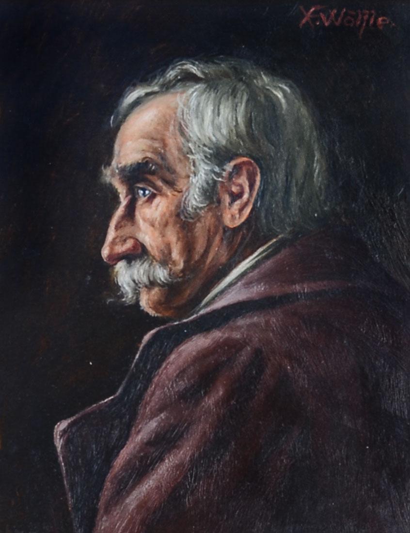 FRANZ WOLFLE PORTRAIT PAINTING: WOLFLE, Franz Xavier, (German, 1887-1972): ''Portrait of an Elderly Man with Mustache'', Oil/Board, sight size is 7'' x 5.50'', signed upper right, framed 11.50'' x 10''.