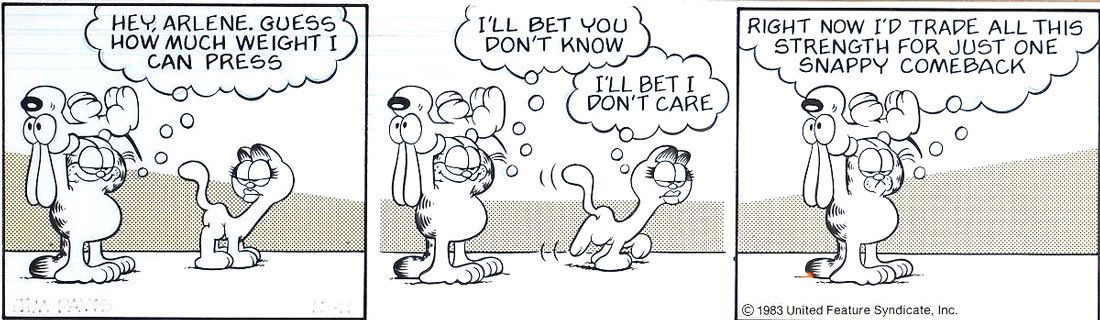 ORIGINAL JIM DAVIS GARFIELD DAILY CARTOON STRIP ART: ORIGINAL JIM DAVIS GARFIELD DAILY CARTOON STRIP ART: Pen and ink 3 panel illustration dated 10-11, 1983, strip features Garfield, Odie and Arlene. Signed lower left by Davis, sight size 4 1/4" x 14 1/