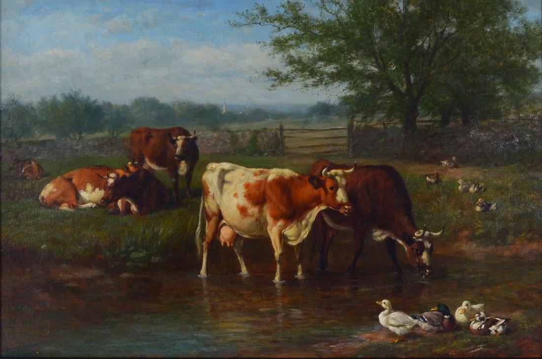 COWS WATERING PAINTING BY TAIT AND HART: TAIT, Arthur Fitzwilliam, (British-American, 1819-1905); HART, James McDougal, (Scottish-American, 1828-1901): "Cows Watering in a Rural Setting with Ducks on a Sunny Day", Oil/Canvas, 16" x 24", sign