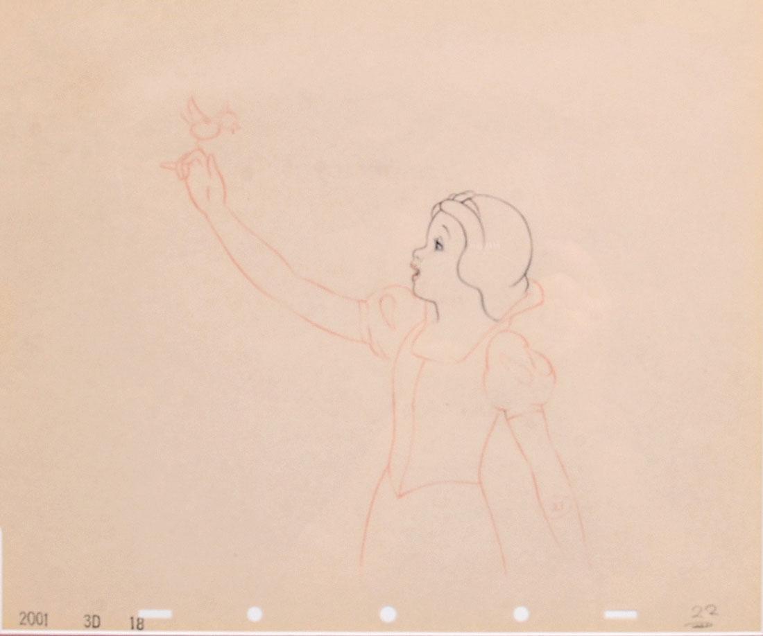 PRODUCTION DRAWING SNOW WHITE AND THE SEVEN DWARFS: ORIGINAL PRODUCTION DRAWING SNOW WHITE AND THE SEVEN DWARFS: Original graphite and red pencil drawing of Snow White with a bird on her finger for the 1937 Walt Disney production on artist paper, stamp