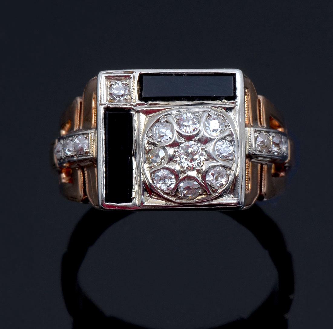 GENTS 14K ROSE GOLD ART DECO RING: GENTS 14K ROSE GOLD ART DECO RING: Period cut Ca 1928, this handsome ring features 16 old Euro cut diamonds VS-SI in clarity. Diamonds and onyx are set in white gold all atop a well designed rose gold