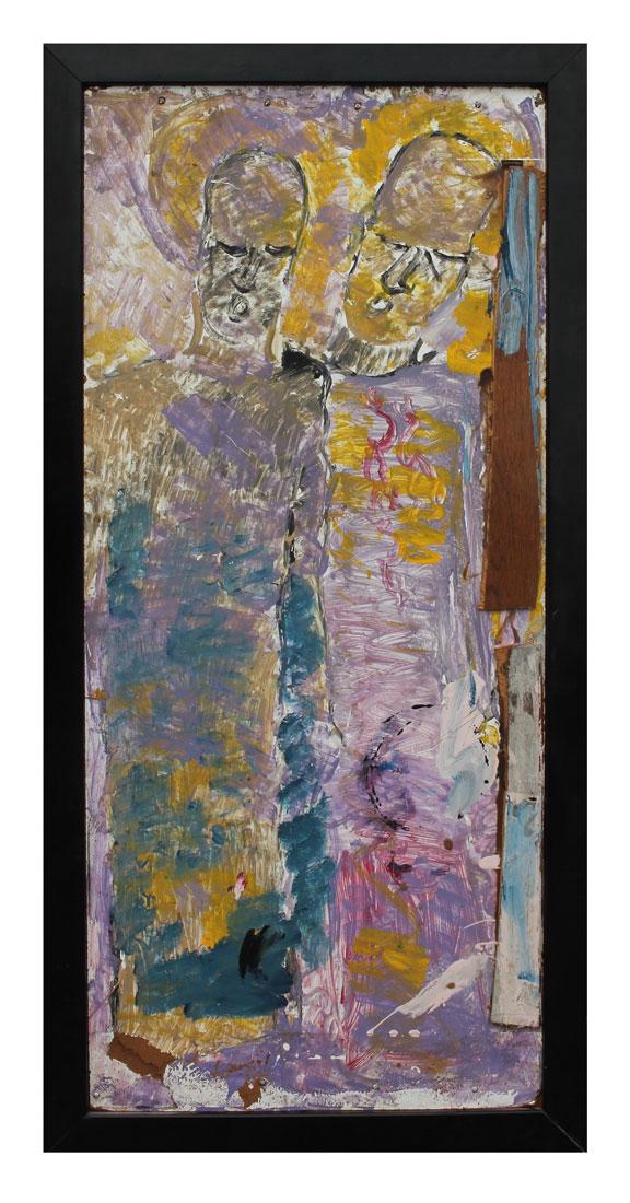 LARGE PURVIS YOUNG PAINTING TWO FIGURES: YOUNG, Purvis, (American, 1943-2010): ''Two Standing Figures'', Oil/Masonite with Applied Wood paneling, 48'' x 21.50'', framed 52.50'' x 26''.