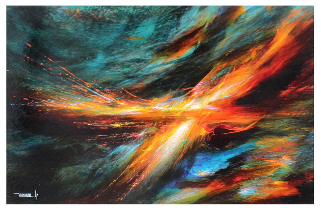LEONARDO NIERMAN ''FIREBIRD'': NIERMAN, Leonardo, (Mexican, 1932- ): ''Firebird'', Oil/Masonite, sight size is 15'' x 23'', signed lower left and dated '67, original gilded frame is 21.75'' x 29'', Galerie 99 label affixed verso.