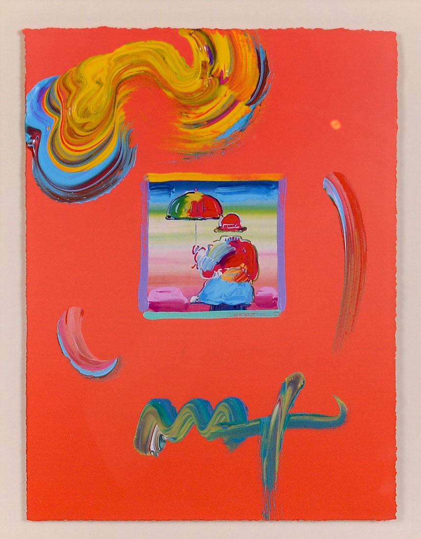 PETER MAX MIXED MEDIA ''UMBRELLA MAN VERSION 1 NUMB: PETER MAX MIXED MEDIA ''UMBRELLA MAN VERSION 1 NUMBER 48'': Mixed Media, sight size is 11'' x 8.25'', signed and framed 27'' x 24''.