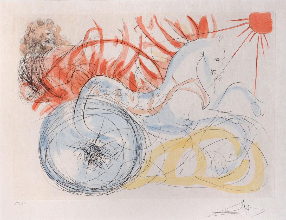 SALVADOR DALI ENGRAVING ELIJAH AND THE CHARIOT: DALI, Salvador, (Spanish, 1904-1989): ''Elijah and the Chariot'', Etching, sight size is 18.50'' x 24.50'', pencil signed lower right, numbered lower left 276 of 300, framed 26'' x 32.50''.
