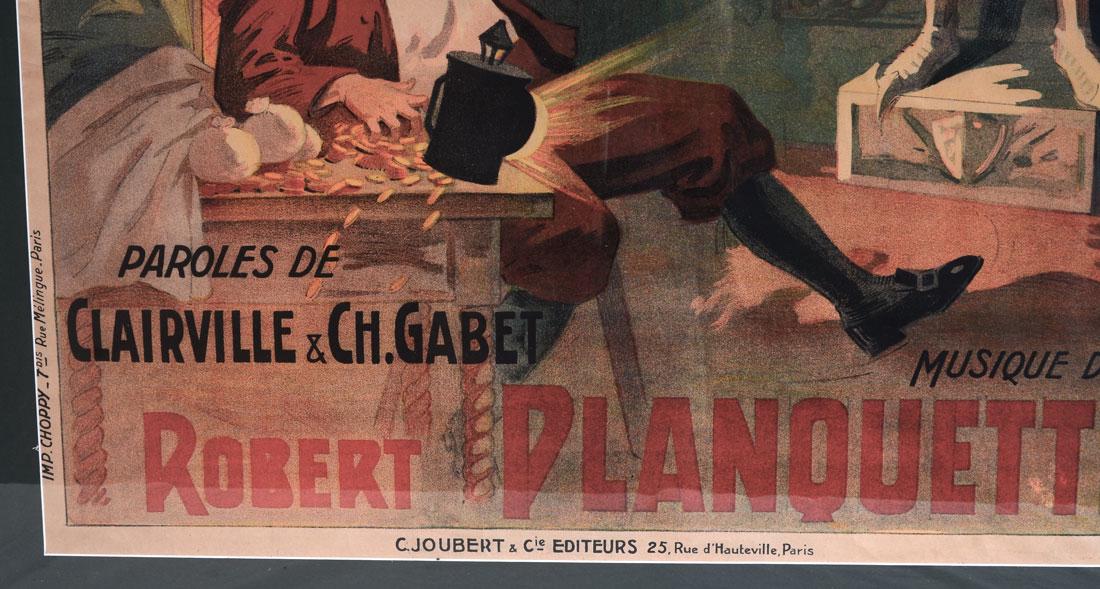 LES CLOCHES DE CORNEVILLE ADVERTISING POSTER: LES CLOCHES DE CORNEVILLE ADVERTISING POSTER: Circa 1900, lithograph poster for the opera / comedy ''Les Cloches de Corneville'', scene of a man waking with a man in a suit of armor, sight size 45'' x