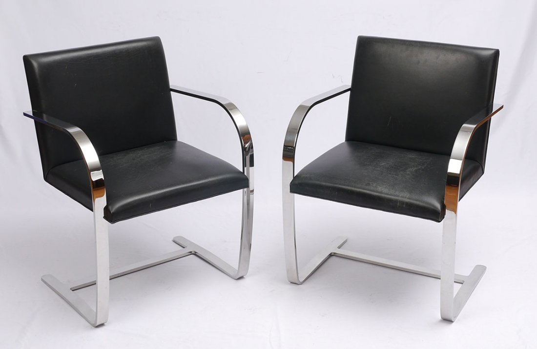 PR LUDWIG MIES VAN DER ROHE FOR KNOLL BRNO FLAT BAR ARM: PR LUDWIG MIES VAN DER ROHE FOR KNOLL BRNO FLAT BAR ARMCHAIRS: Chrome and black leather armchairs circa 1930 originally designed by Mies van der Rohe for his Tugendhat House in Brno in the Czech Repub