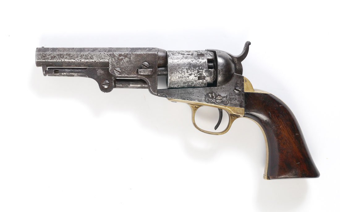 1857 COLT MODEL 1849 POCKET REVOLVER: 1857 COLT MODEL 1849 POCKET REVOLVER: This example shows plenty of character and obviously well used. All matching serial numbers including the wedge in the 138,xxx serial range dates to 1857. Walnut 
