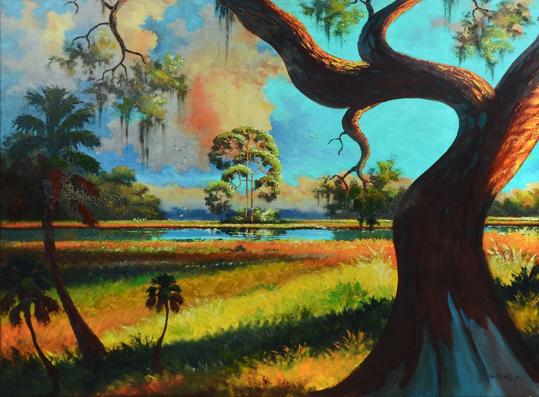 UNUSUAL WILLIE DANIELS FLORIDA HIGHWAYMEN PAINTING: DANIELS, Willie, (American, 20th Century): Florida Highwaymen vibrant backwaters scene with unusual trees in foreground as well and birds in flight, Oil/Canvas, signed and dated lower right, 30" x 40"