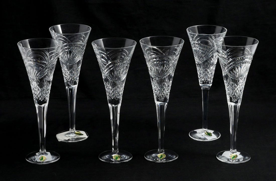 6 WATERFORD CHAMPAGNE DREAMS CHAMPAGNE FLUTES: 6 WATERFORD CHAMPAGNE DREAMS CHAMPAGNE FLUTES: Limited edition "Champagne Dreams" pattern Champagne Flutes by Waterford, new in boxes. 10 1/4"h.
