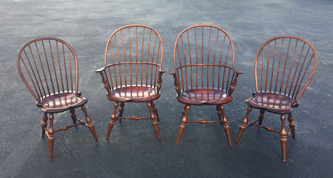 SET OF 4 D.R. DIMES WINDSOR STYLE CHAIRS: SET OF 4 D.R. DIMES WINDSOR STYLE CHAIRS: 4 well crafted cherry Windsor style chairs by D.R. Dimes, labeled under seats. The 2 arm chairs measure 40 1/2 h. x 25 1/2" x 22".