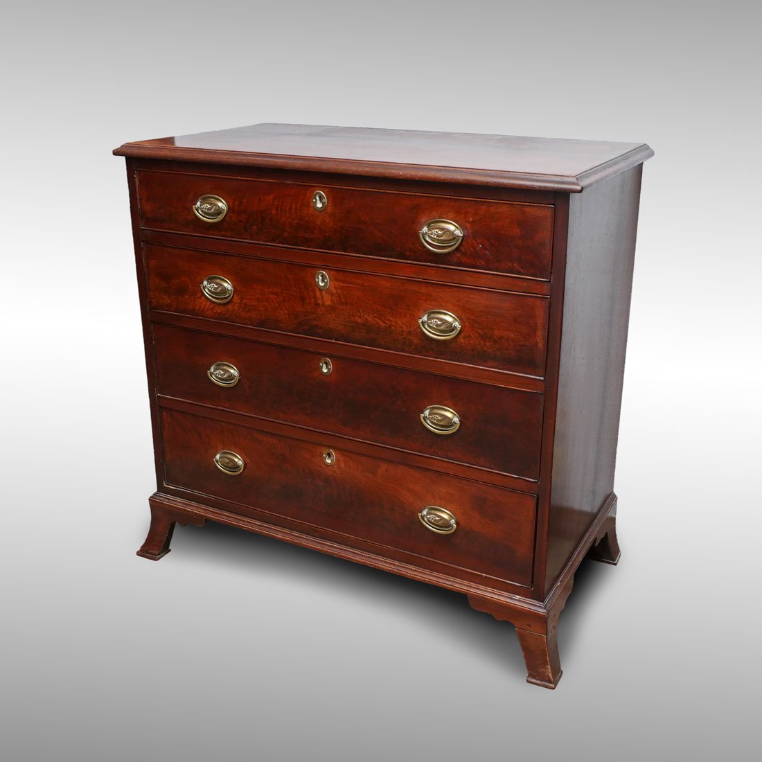 19TH CENTURY 4 DRAWER HEPPLEWHITE CHEST: 19TH CENTURY 4 DRAWER HEPPLEWHITE CHEST: Mahogany chest with 4 graduated drawers, brass pulls, champfered drawer bottoms, bracket feet, 38 3/4" h. x 39 3/4" x 20 1/2".