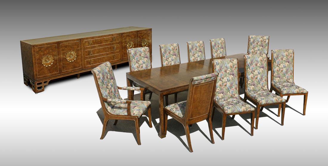 BAKER QUALITY BURLWOOD ORIENTAL DESIGN DINING SET: BAKER QUALITY BURLWOOD ORIENTAL DESIGN DINING SET: 12 piece dining set with rich burl wood veneers to include 1) Table with shaped legs, 29 1/2" h. x 74 3/4" x 43 1/2", the 2 leaves 18". 2-11) 10 chai
