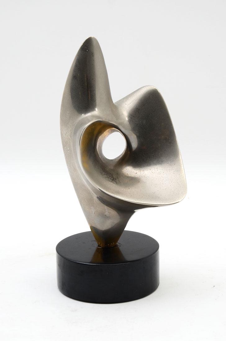 ANTOINE PONCET ABSTRACT BRONZE: PONCET, Antoine, (Swiss, 1928-): Abstract Form, Silvered Bronze, 6.5'' h., signed and numbered 305/1000, polished black stone plinth 7.5'' h.