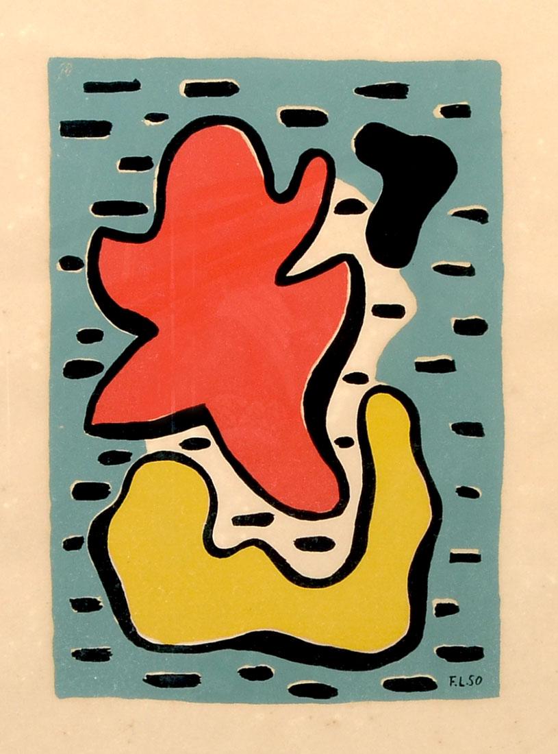 FERNAND LEGER ABSTRACT SERIGRAPH: LEGER, Fernand, (French, 1881-1955): "Abstract Composition with Green Background, Red and Yellow", sight size is 21" x 14.25", signed in plate in the lower right, numbered 529 of 1,000, blind stamp lo