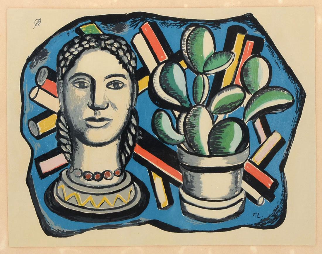 FERNAND LEGER SERIGRAPH WITH BUST AND CACTUS: LEGER, Fernand, (French, 1881-1955): "Bust and Cactus Still Life", Serigraph, sight size is 14.50" x 21.25", signed in the plate lower right, numbered 803 of 1,000 lower right with blind stamp, framed