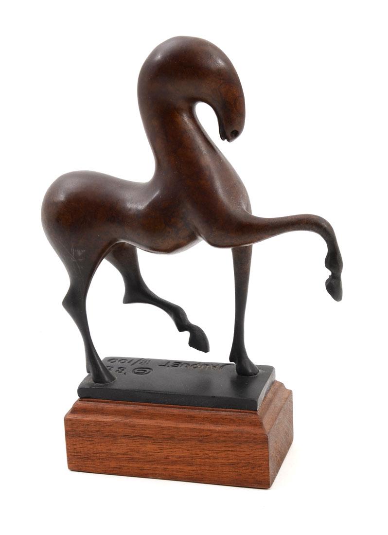 JAUQUET STALLION BRONZE HORSE: JAUQUET, William, (American, 1945-): Stallion, Bronze, 8.25'' H., signed, dated '88, numbered 18/100, affixed to wooden plinth, 10.25'' overall.