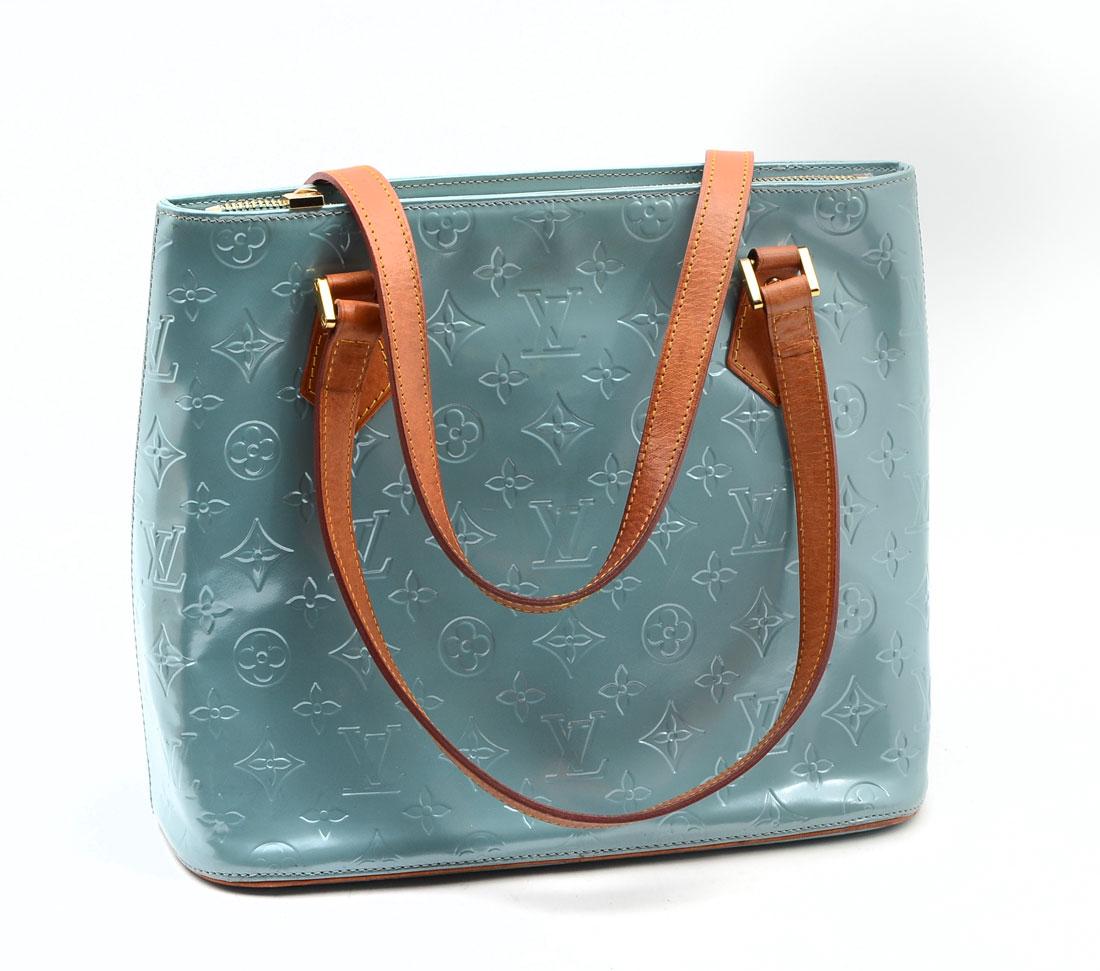 LOUIS VUITTON VERNIS HOUSTON BABY BLUE TOTE BAG: LOUIS VUITTON VERNIS HOUSTON BABY BLUE TOTE BAG- Monogrammed LV logo embossed on durable Vernis patent leather with shiny brass hardware. Two leather handles and two pockets inside, one zipped. Brass 