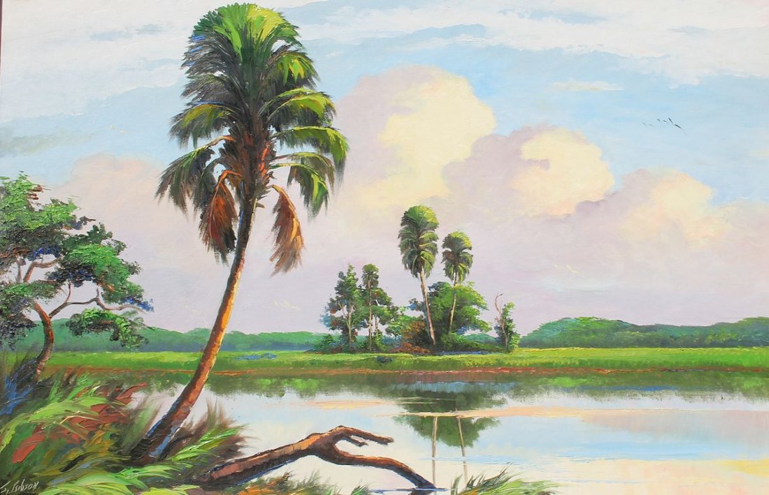 JAMES GIBSON FLORIDA HIGHWAYMEN PAINTING: GIBSON, James, (American, 1938-2017): Florida Highwaymen backwater scene with palm tree in foreground and stand of trees in background, Oil/Canvasboard, 24" x 36", framed 27 1/2" x 39 1/4".
