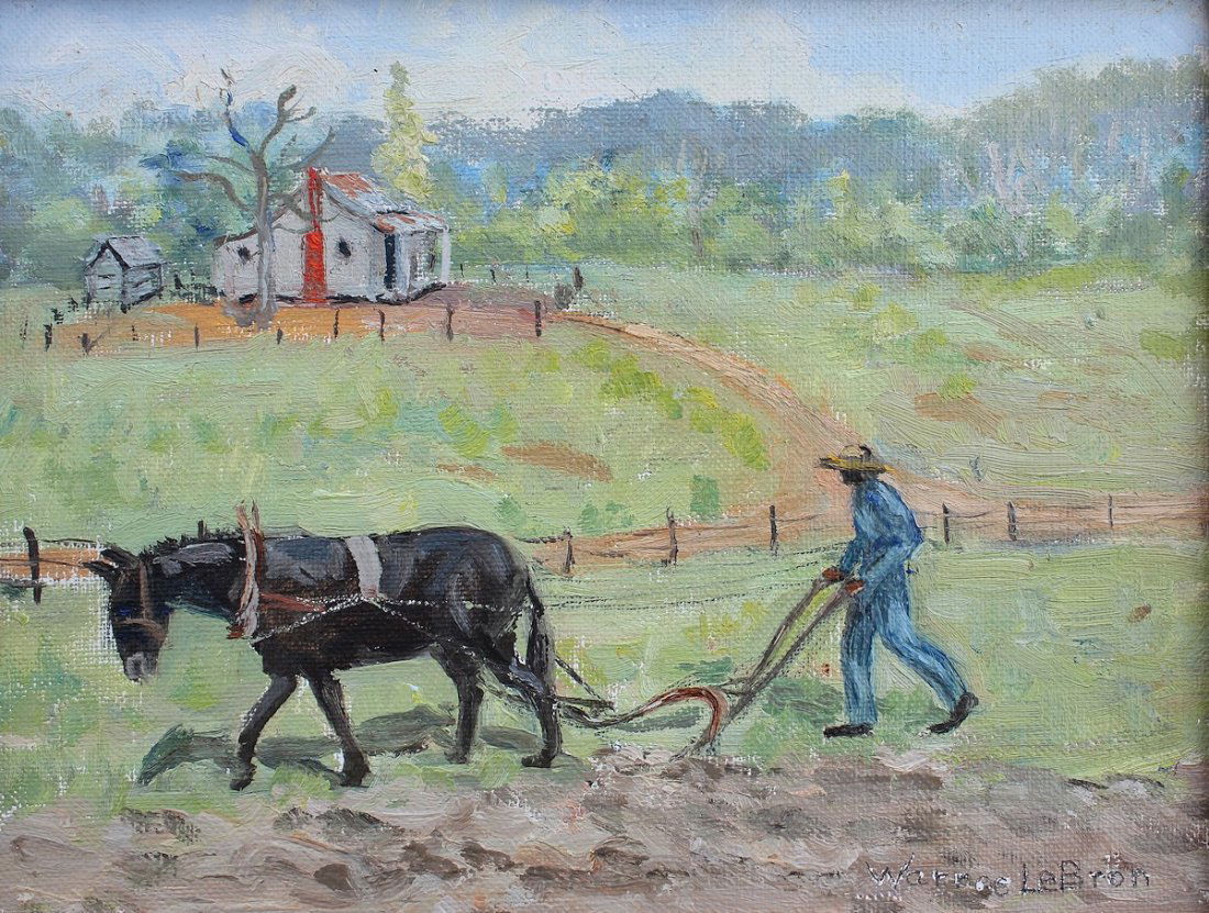 WARREE LEBRON PAINTING SOUTHERN FIELD WORKER: LEBRON, Warree, (American, 1910-1998): ''African American Plowing a Southern Field'', Oi/Canvas, sight size is 8'' x 10'' signed lower right, wood frame is 10.50'' x 13''