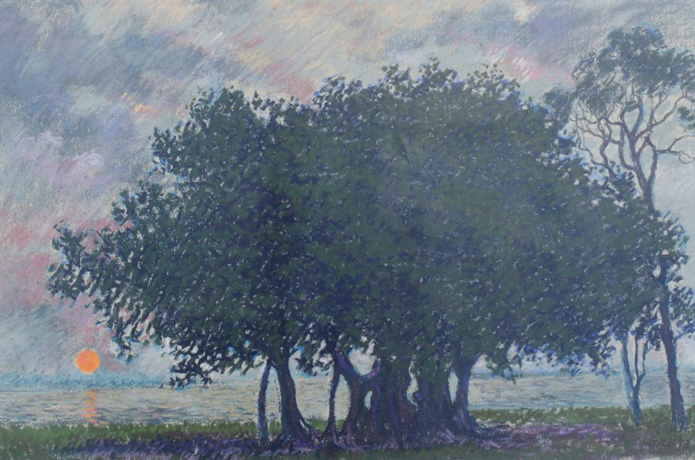 JAMES HOYLE PASTEL FLORIDA SCENE: HOYLE, James, (American, 20th Century): Waterside Sunset through the Trees, Pastel, Sight size 12.5” x 19”, signed lower right, dated ’73, framed 20 1/4” x 27 1/4”.