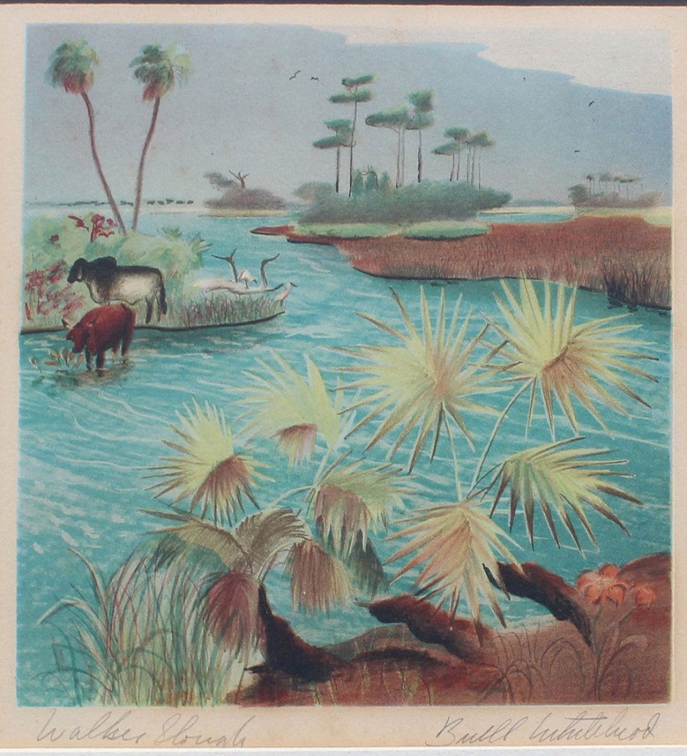 BUELL WHITEHEAD FLORIDA LITHOGRAPH: WHITEHEAD, Buell, (American, 1919-1993): "Walker Slough", Colored Lithograph, sight size is 8.50" x 8", pencil signed lower right, titled in the left, original painted frame is 18.50" x 16.50".