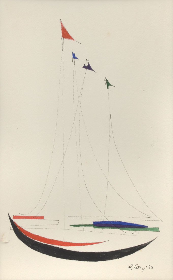 WILLIAM KATZ MODERNIST SAILBOAT PAINTING: KATZ, William, (American, 1926-2003): "Sailboat", Pen and Ink with Watercolor, sight size is 17.50" x 11", signed lower right and dated 63', framed 23" x 16".