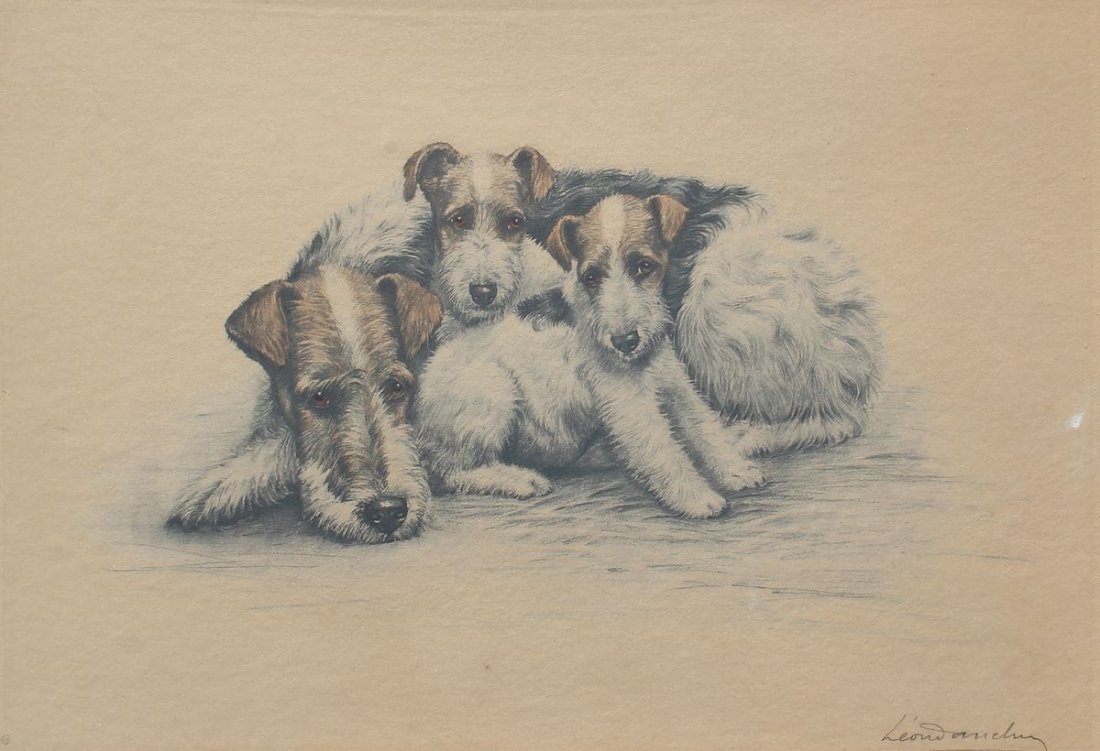 LEON DANCHIN TERRIER FAMILY ETCHING: DANCHIN, Leon, (French, 1887-1938): ''Terrier Family'', Etching, sight size is 15.50'' x 23.75'', pencil signed lower right, framed 23.50'' x 32''.
