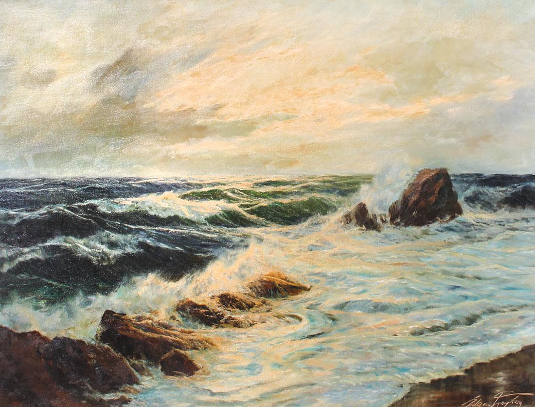 EDGAR FREYBERG "CRASHING SURF COASTAL PAINTING": FREYBERG, Edgar, (German, 1927-): "Crashing Surf, Coastal Rocks Painting", Oil/Canvas, 23.75" x 35.50", signed lower right, pierced carved frame is 29.25" x 41.25".