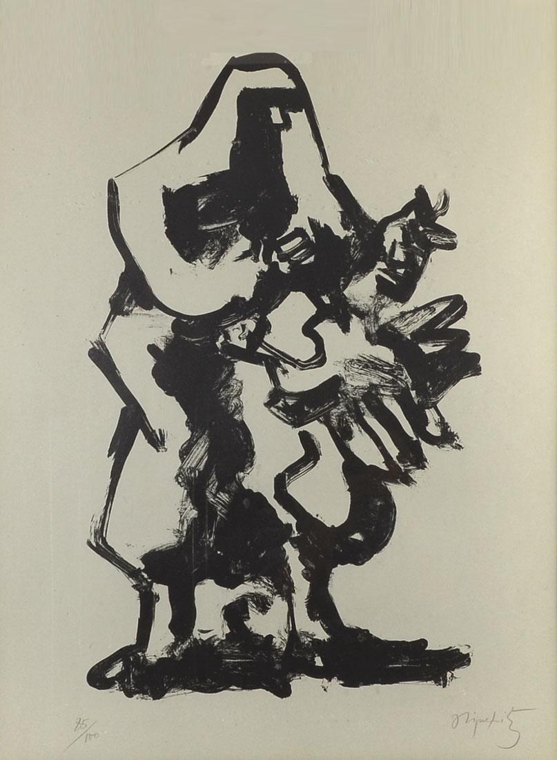 JACQUES LIPCHITZ LITHOGRAPH: LIPCHITZ, Jacques, (Lithuanian, 1891-1973): "Figural Composition", Lithograph, sight size is 27" x 19.75", pencil signed lower right and numbered 75 of 100, period frame is 35" x 28".