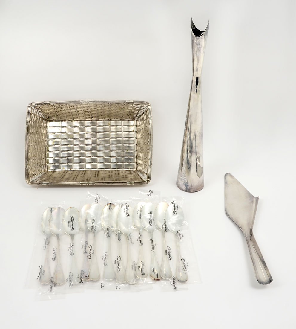 COLLECTION OF CHRISTOFLE SILVERPLATE ITEMS: COLLECTION OF CHRISTOFLE SILVERPLATE ITEMS: A collection of French Christofle items to include 1) Lino Sabattini Cardinale vase, 14 1/4'' h. 2) Woven rectangular bread basket, 2 1/4'' h. x 11'' x 7 1/