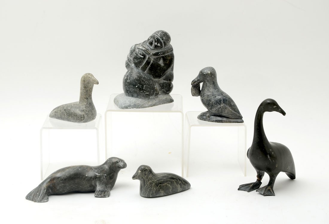 6 INUIT CANADIAN CARVED SOAPSTONE FIGURES: 6 INUIT CANADIAN CARVED SOAPSTONE FIGURES: An assembled collection of 5 pieces total to include 1) Peter Nuwya seal, dated '77. 5 3/4" long. 2) Duck or goose tagged R. Bay, 2 3/4" h. 3) Duck tagged R.